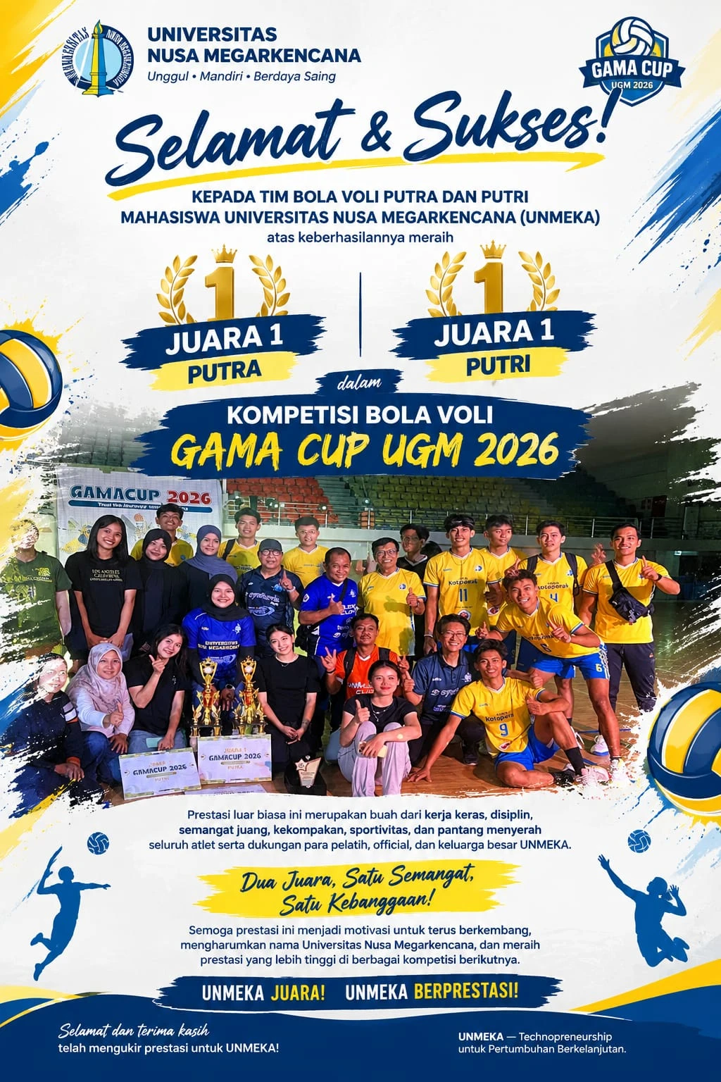 Tim Bola Voli Putra dan Putri UNMEKA Juara 1 GAMA CUP UGM 2026